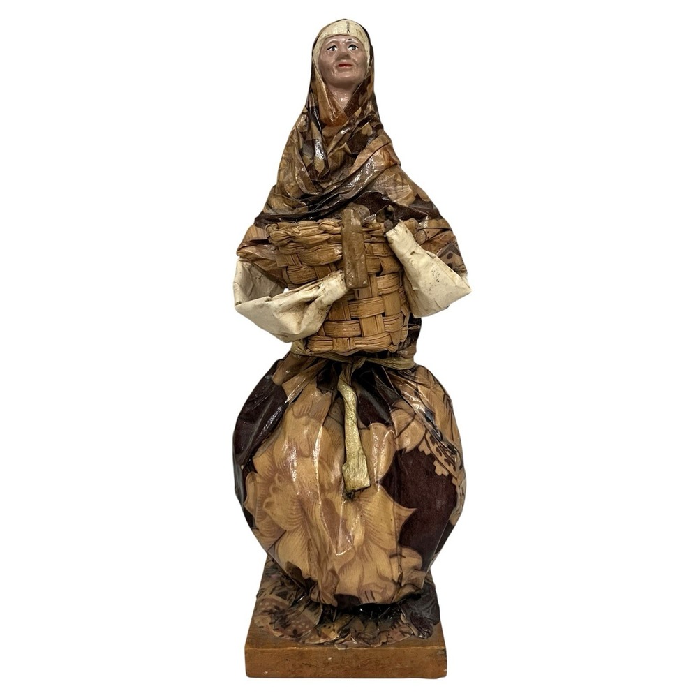 Vintage Handmade Mexican Paper Mache Figure "Old Women Holding A Basket" 12.5"